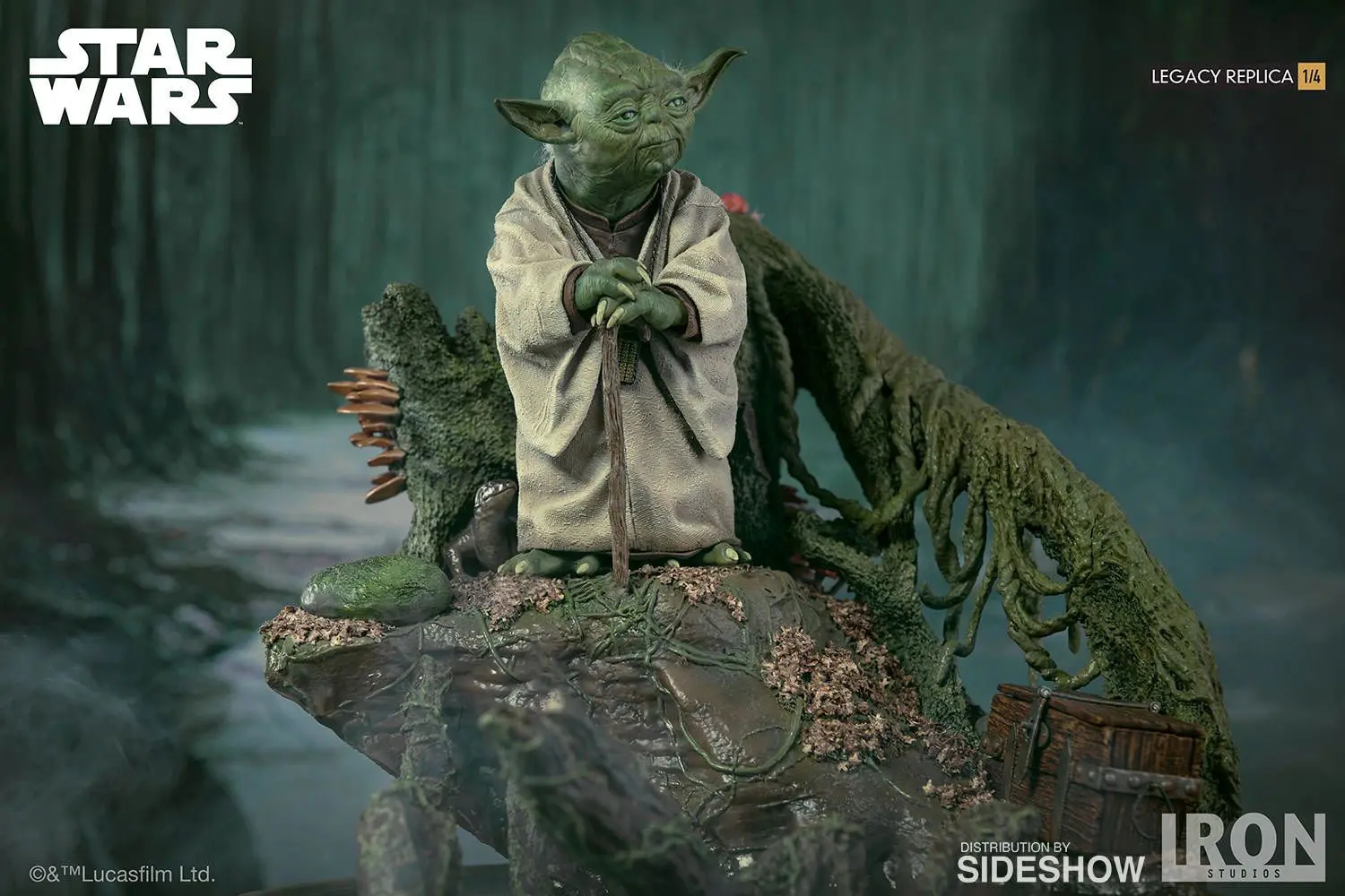 Yoda statue on a mossy rock