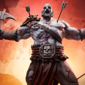 Fierce warrior statue in battle stance