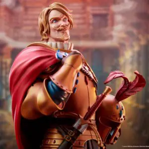 Warrior in ornate armor, medieval setting.