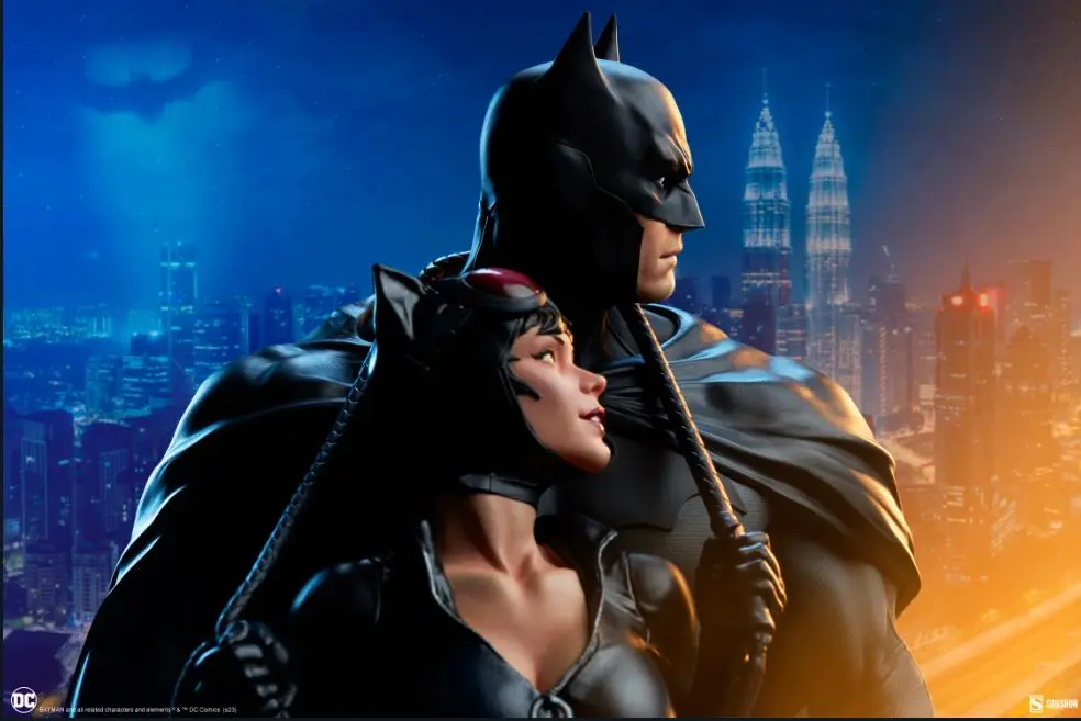 Superheroes in front of cityscape at night