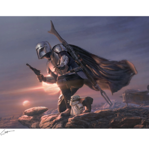 Armored Mandalorian kneeling with Grogu at sunset