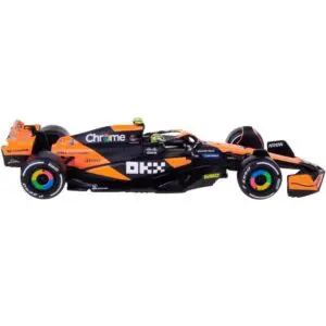 Sleek F1 car with colorful wheels
