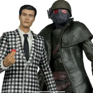 Plaid-suited figure beside armored character