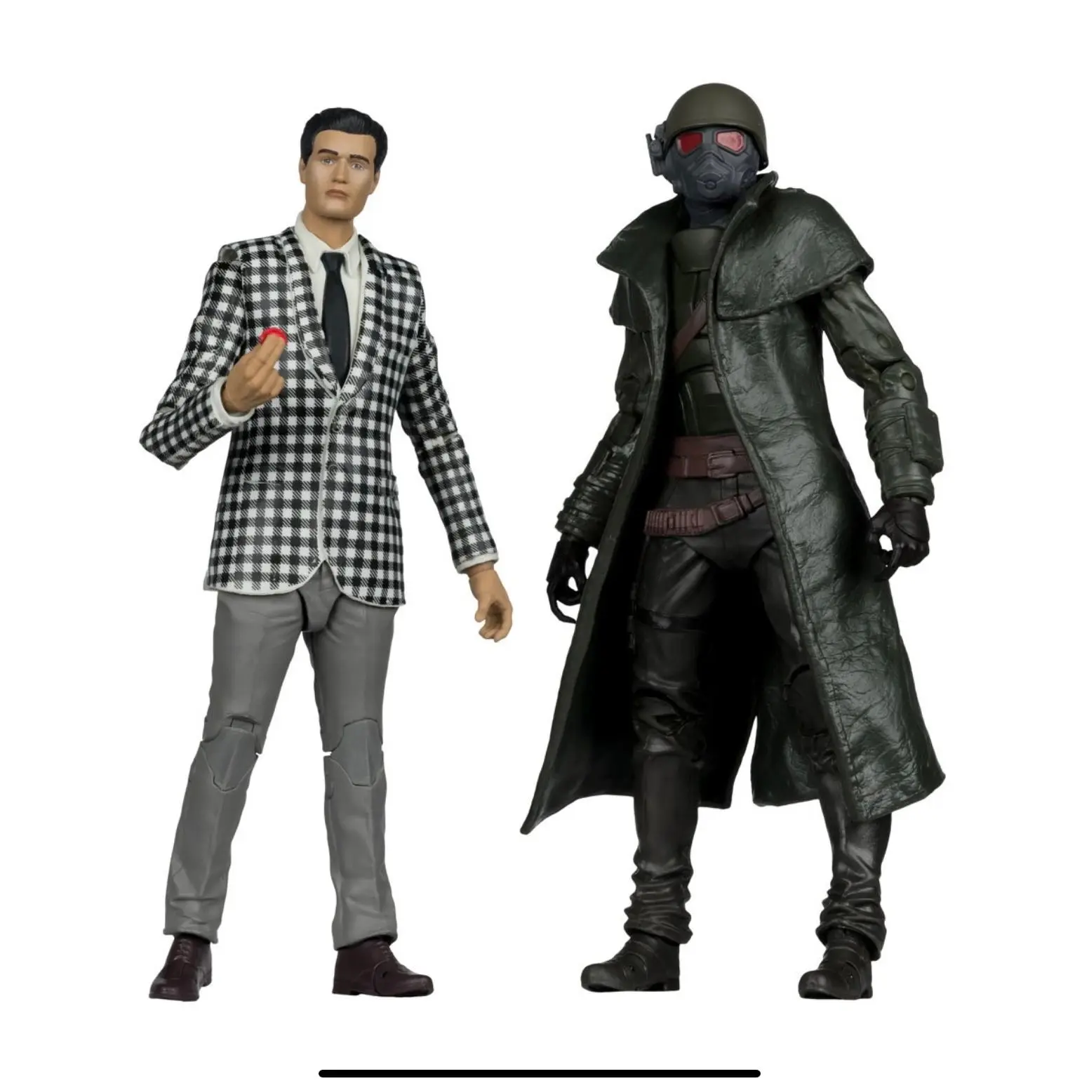 Figures in checkered suit and trench coat