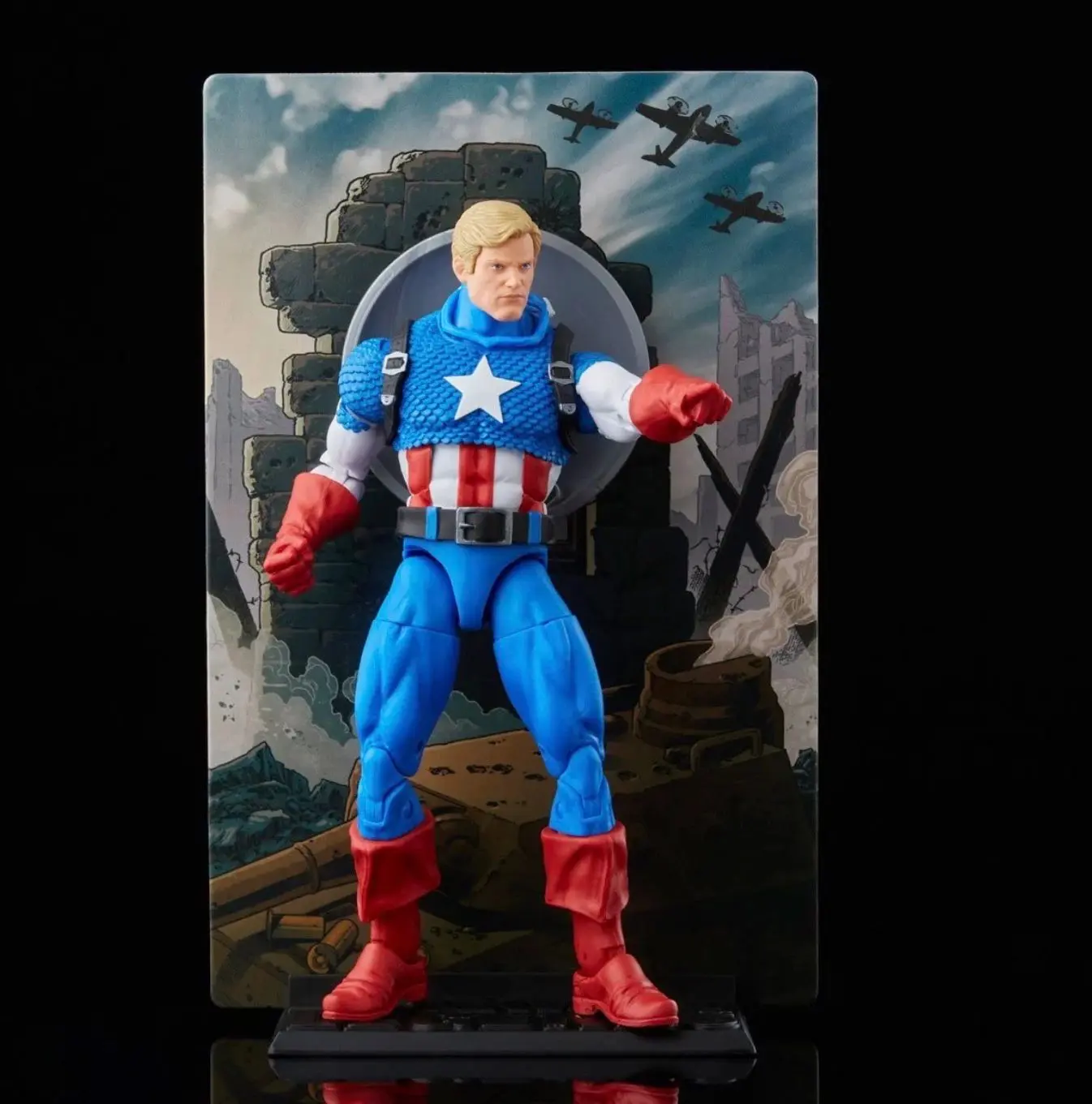 Action figure in superhero costume with shield