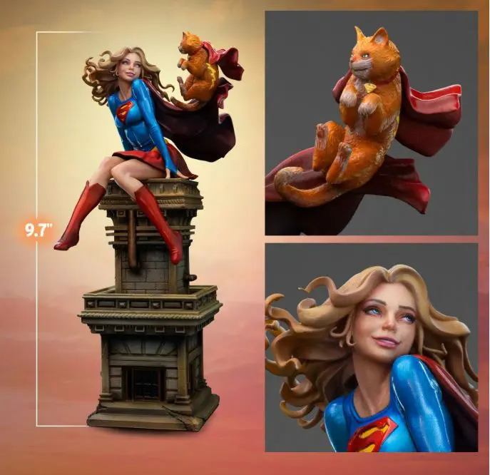 Superhero figurine with cat on building