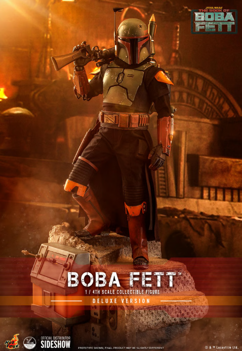 Boba Fett in armor holding rifle on rubble