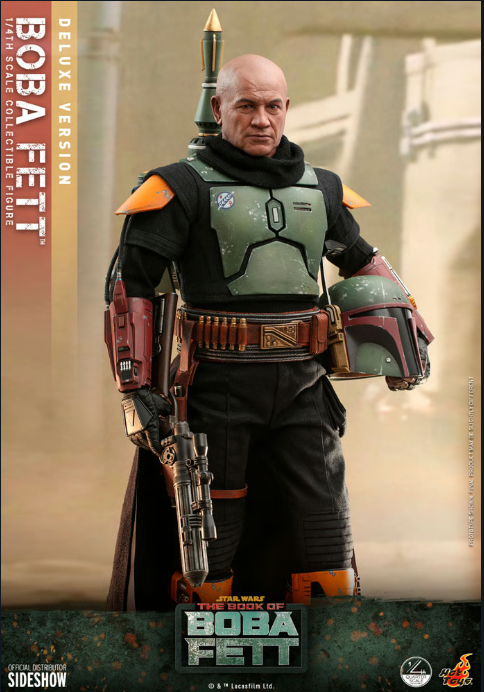 Boba Fett figure holding helmet and blaster