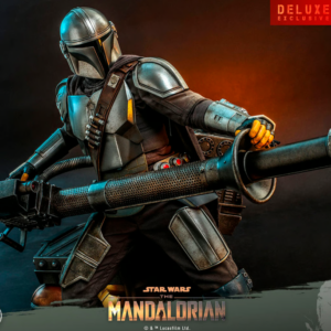 Armored Mandalorian wielding large blaster cannon