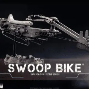 Grogu riding a Mandalorian swoop bike