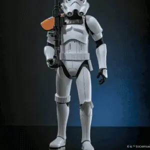 "Stormtrooper action figure with blaster in hand."
