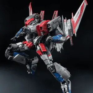 Transformers figure in dynamic flying pose.
