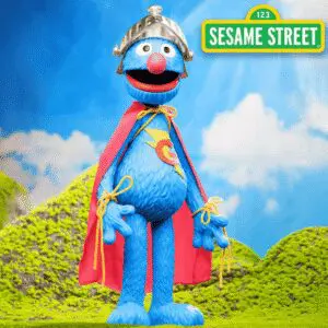 Blue character in cape and helmet costume.