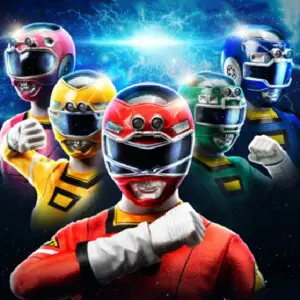 Group of colorful Power Rangers in action.