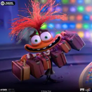 Colorful character with multiple suitcases and hair.