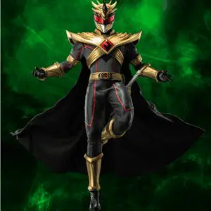 Dynamic figure of a powerful armored hero.