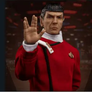 Action figure in red uniform greeting.