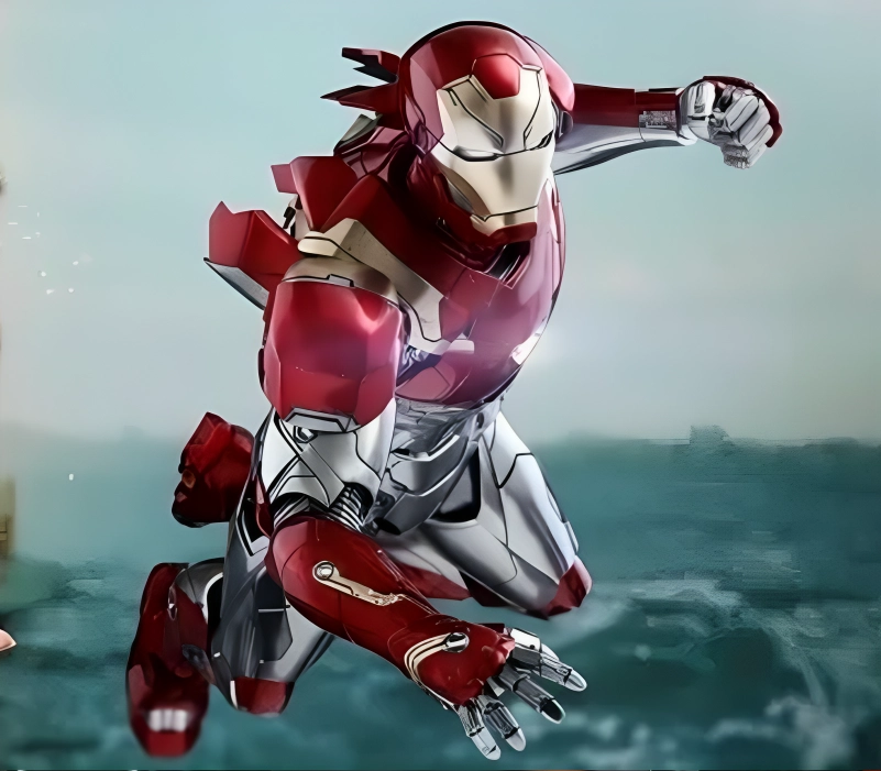 Red and silver armored superhero flying