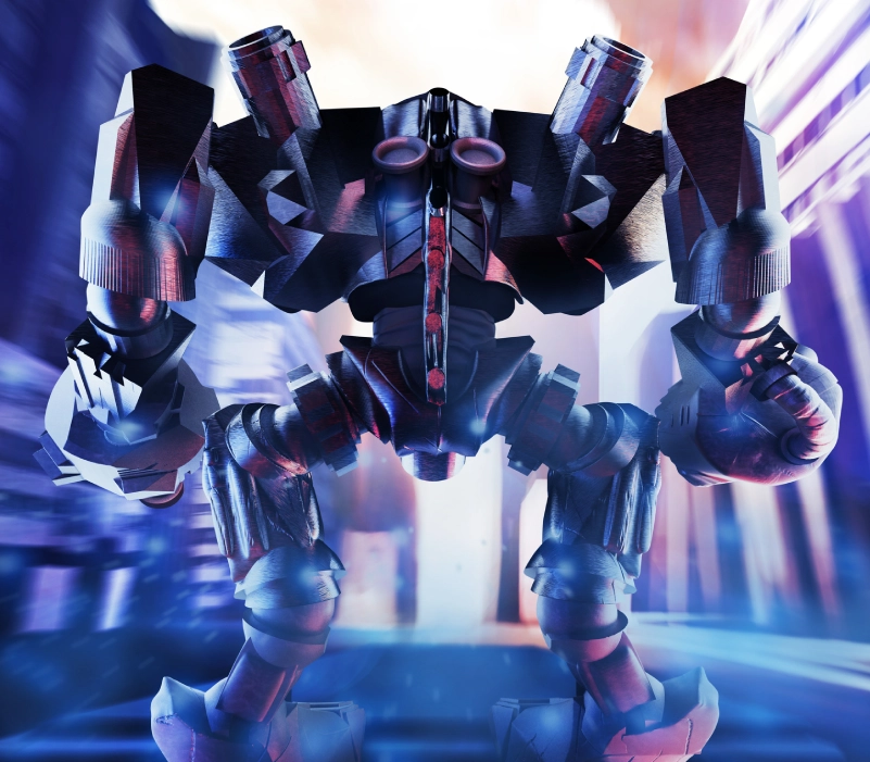 Sci-fi robot standing in urban environment
