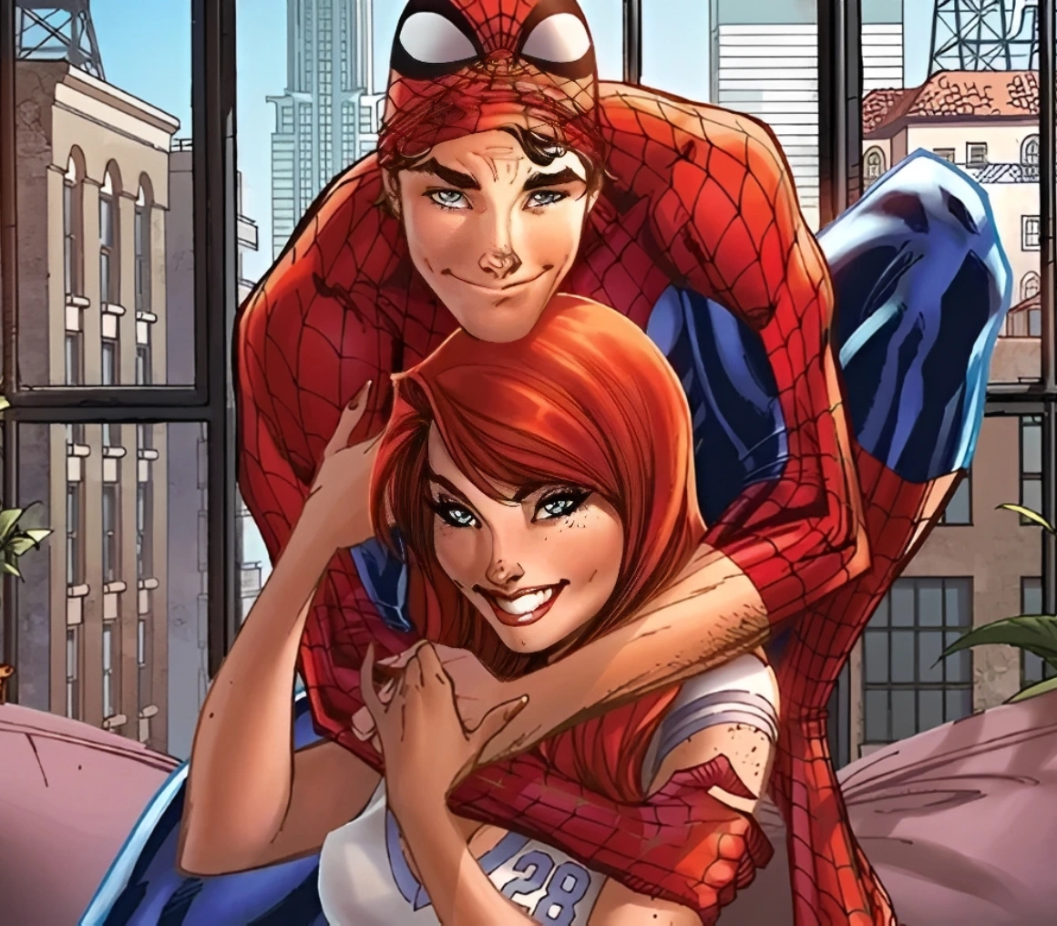 Spider superhero hugging red-haired woman